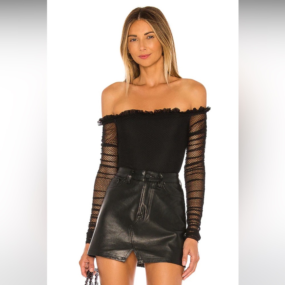 Revolve NBD Black Lace Ruffle Trim Ruched Long Sleeve Off Shoulder Bodysuit
